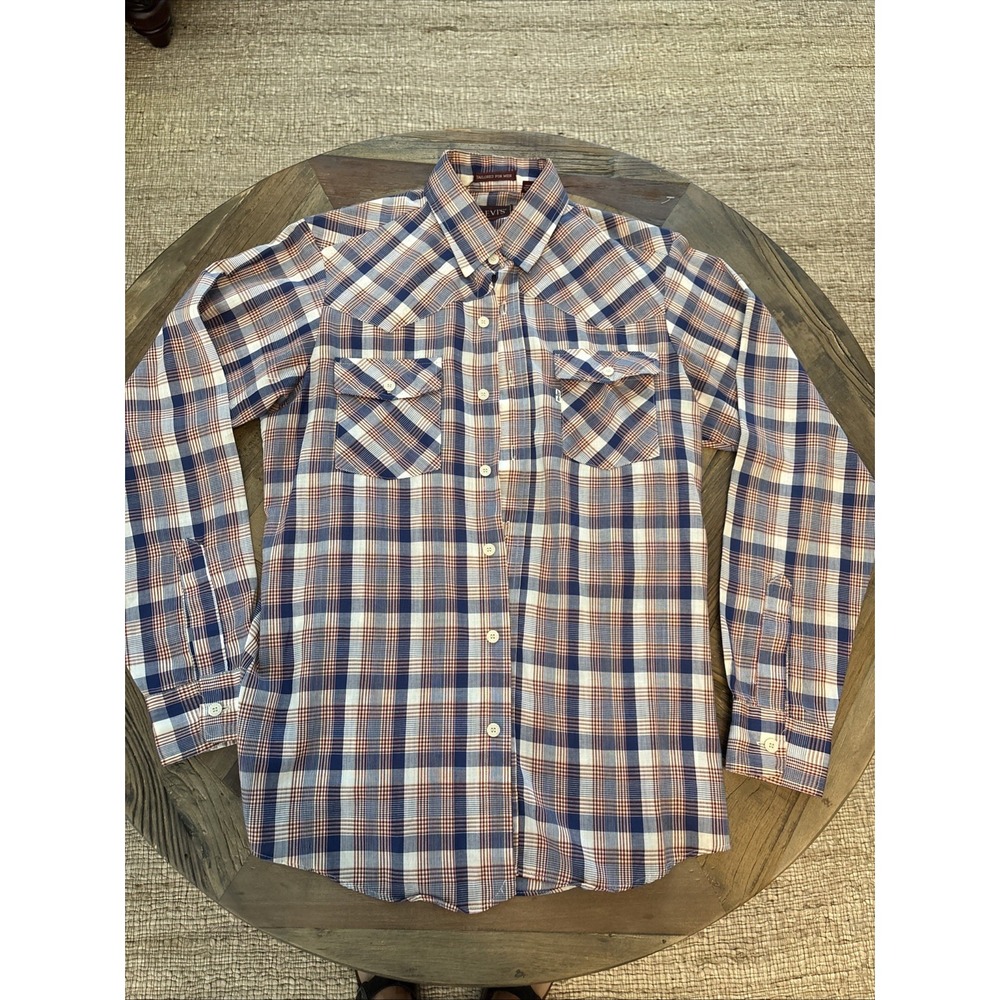 Vintage Levis Shirt Mens M Long Sleeve Blue Plaid Flap Pockets Made In USA